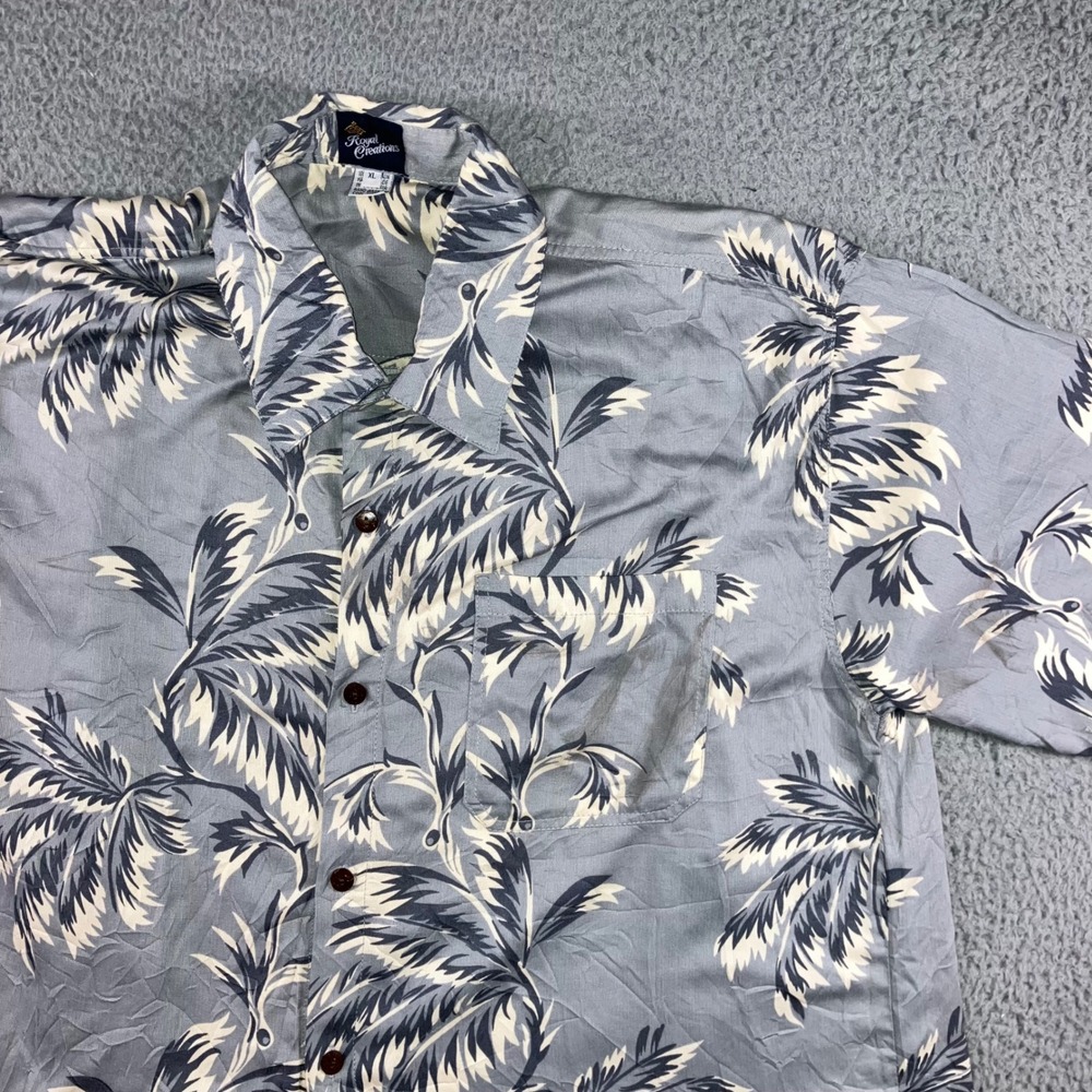 Vtg Royal Creations Hawaiian Shirt Men XL Blue Palm Leaf Print Rayon Beach Camp